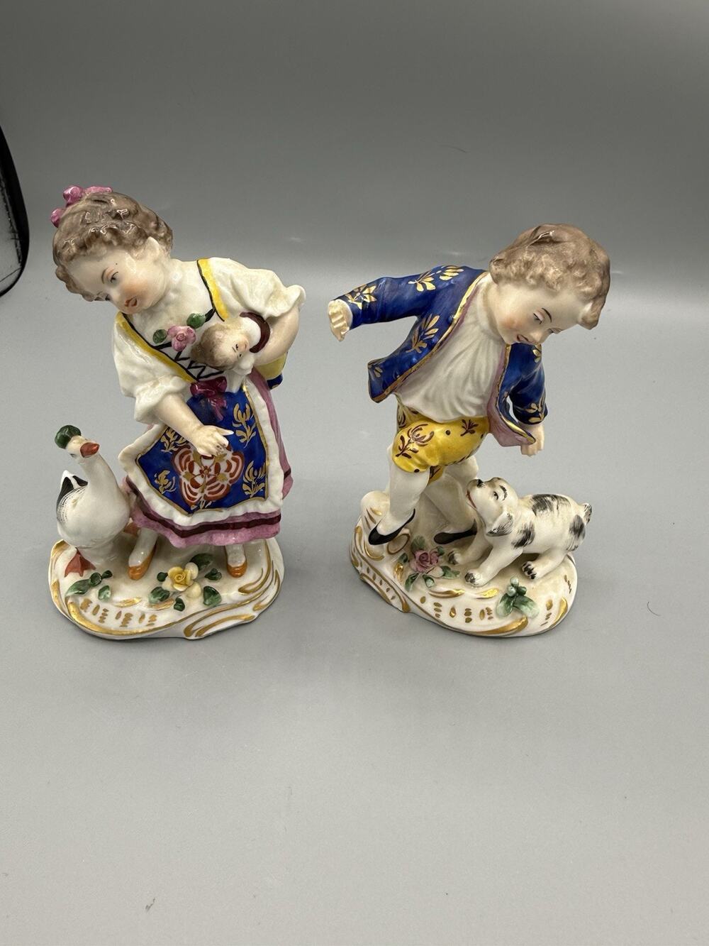 Vintage Porcelain Figurines Boy Dog Girl Goose Pair Hand Painted Gold 5”